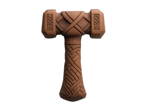 Wooden Hammer with Nordic Carvings on Isolated White Background