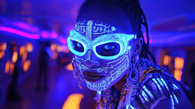 A vibrant depiction of a woman with UV-reactive ethnic patterns on her face and chest, posing under black light with glowing neon accents in her makeup