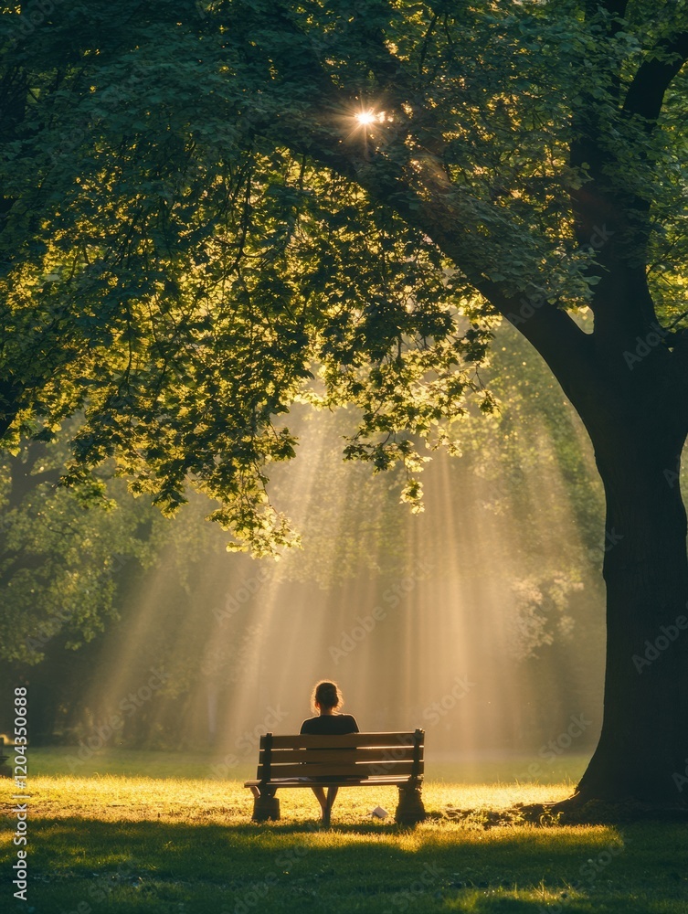 Poster person sitting on park bench with tablet surrounded by sunlight and trees in a tranquil outdoor sett