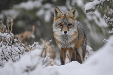 Snowy Scene with Fox Staring at the Camera