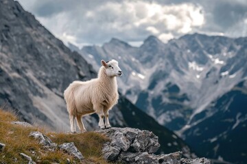 Fototapeta premium Goat in the mountains: A white silhouette against a backdrop of clouds and peaks