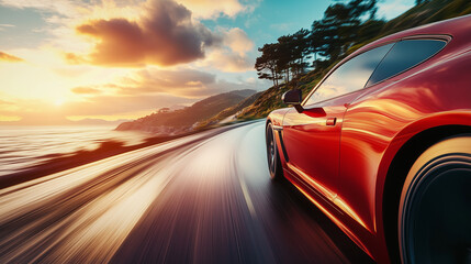 Red Car Sunset Drive: A sleek red sports car races along a coastal highway, leaving a trail of motion blur as the sun sets in a fiery blaze, creating an exhilarating picture of freedom and adventure.