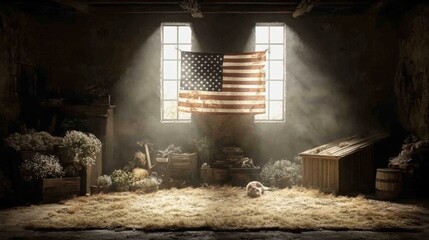 A weathered American flag hanging from a rustic wooden pole, evoking a sense of history and tradition