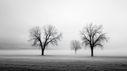 Obraz premium Fog blankets a serene landscape with bare trees standing tall in the distance at dawn