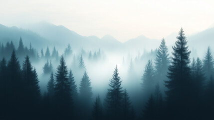 Misty forest landscape at dawn with towering trees and distant mountains creating a serene atmosphere