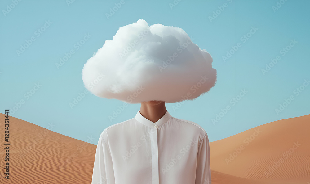 Poster cloud-headed figure, surreal representation of identity and imagination, exploring the intersection 