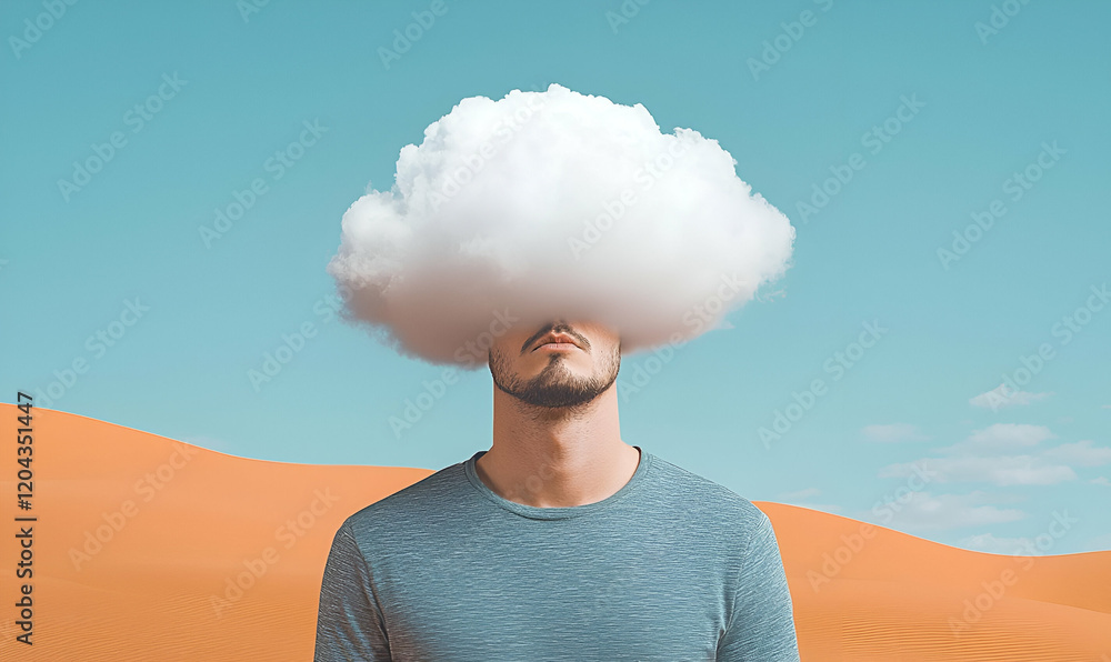 Poster cloudhead reflection, a surreal portrait of an individual with a cloud for a head, symbolizing dream