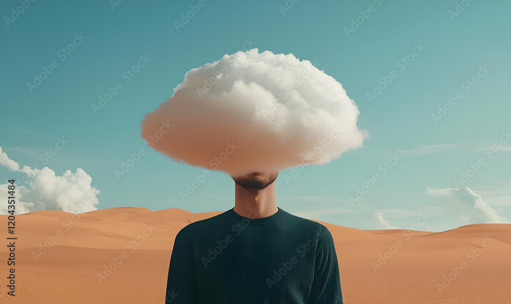 Poster cloud-headed figure, a surreal representation of identity and mind, exploring the interplay between 
