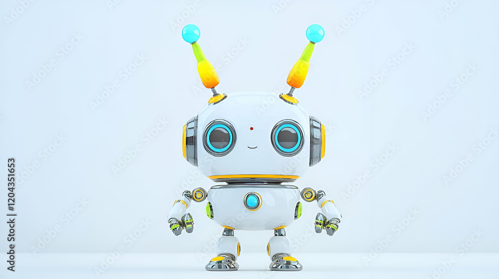 Poster vibrant robot with colorful antenna, a whimsical mechanical figure set against a backdrop inviting c
