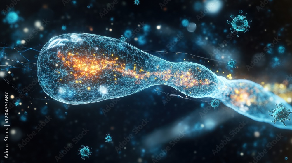 Leinwandbilder Visual representation of cellular activity in a microscopic world showcasing vibrant interactions and structures. Generative AI