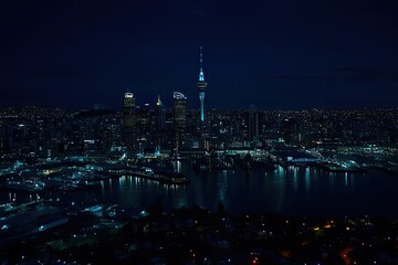 City skyline illuminated at night, showcasing vibrant lights and