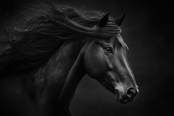 Obraz premium Monochromatic side profile of a horse's head, dark backdrop, and muted tones