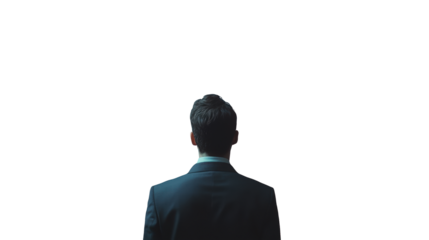 Businessman standing alone in a suit on an isolated white background symbolizing solitude and professionalism.