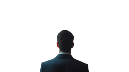 Businessman standing alone in a suit on an isolated white background symbolizing solitude and professionalism.