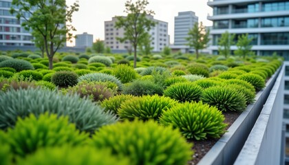 Urban building boasts eco-friendly green roof. Rich green plants covers rooftop creating sustainable design. Plants, trees thrive on top of building. Eco-friendly building design improves urban