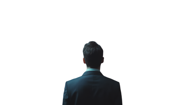 Businessman standing alone in a suit on an isolated white background symbolizing solitude and professionalism.