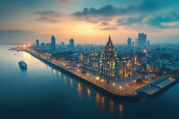 Fototapeta premium Stunning cityscape at twilight showcasing illuminated buildings