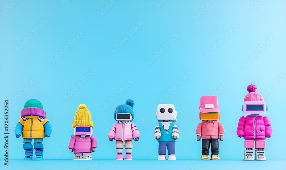 Poster diverse robots in unique headgear, a colorful array of robots showcasing various styles of headgear,