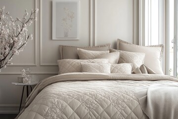 Fototapeta premium Cozy bedroom scene featuring soft beige bedding and elegant deco
