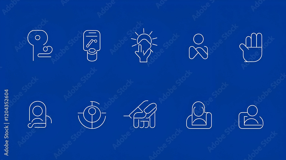 Poster line icons collection, a diverse array of minimalist symbols representing various themes, suitable f