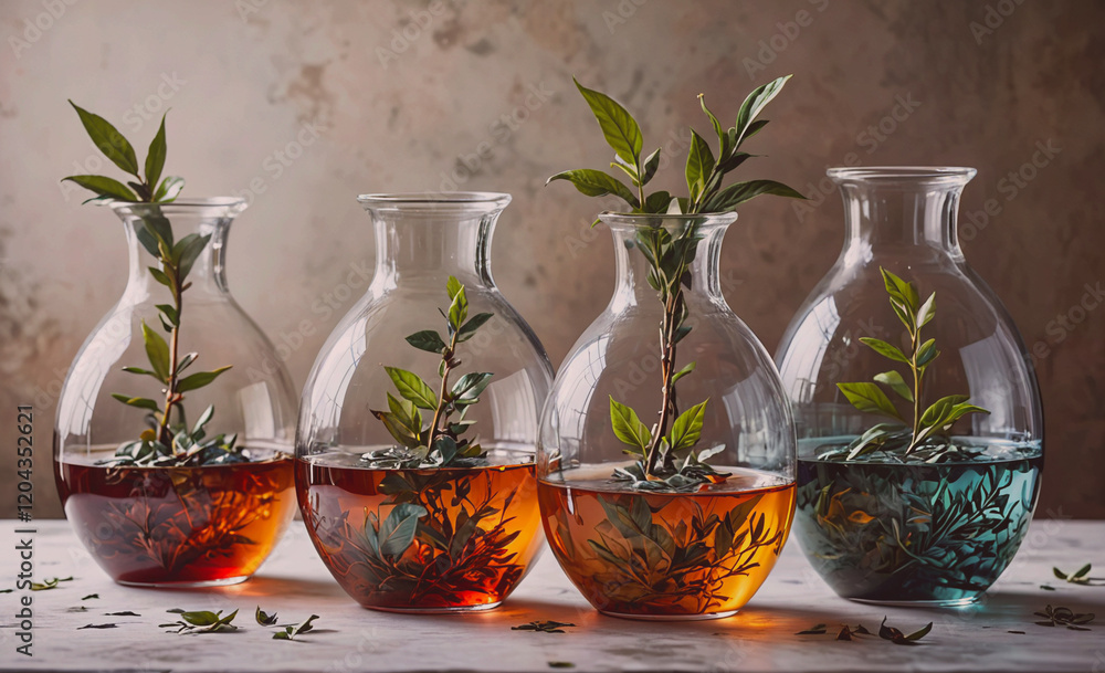 Aufkleber Four vases with plants in them, each with a different colored liquid. The vases are arranged in a row, with the first vase on the left and the last on the right. The plants in the vases are small and