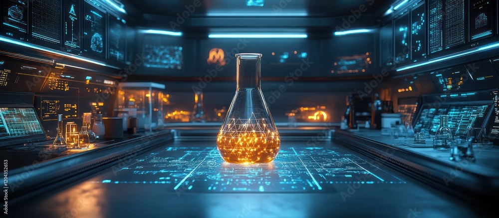 Poster glowing liquid in flask on futuristic lab table.