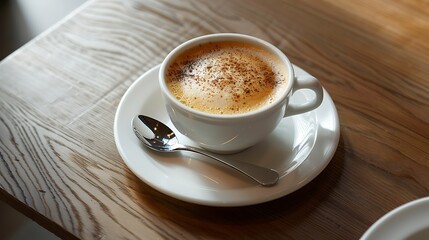Fototapeta premium Cappuccino with cocoa powder in a white cup on a wooden table