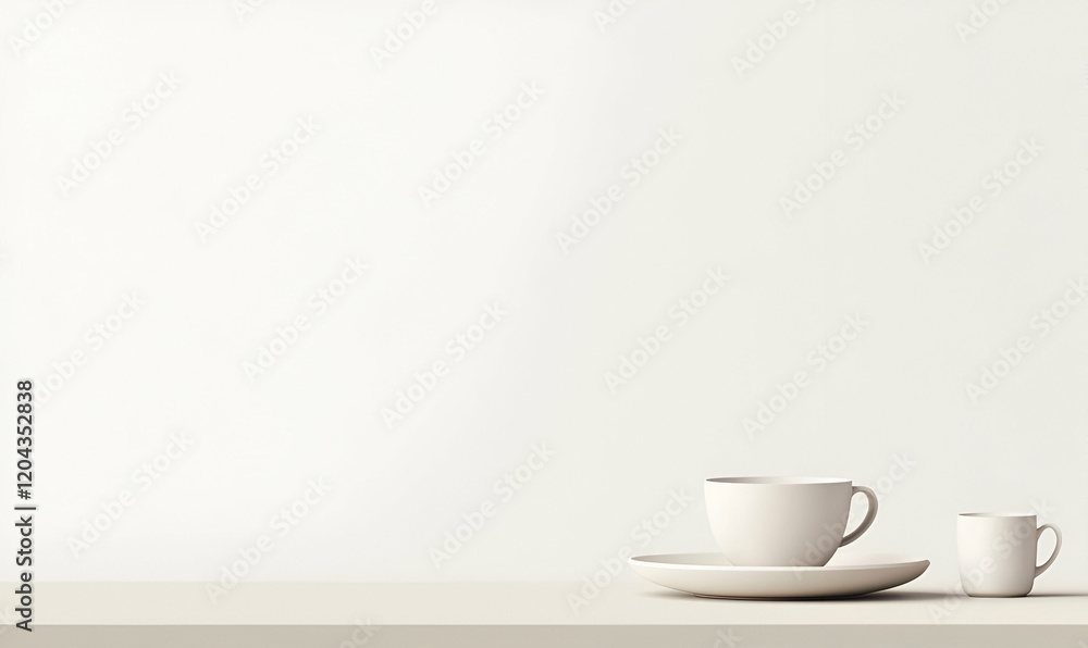 Poster stacked plate and cup arrangement, a minimalist composition featuring a neatly arranged plate topped
