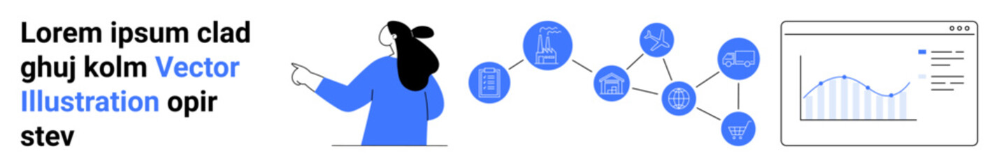 Obraz premium Businesswoman pointing at flowchart with finance, strategy, and marketing icons near computer screen displaying data analytics chart. Ideal for business plans, data dashboards, market reviews