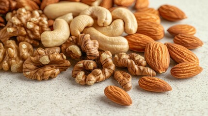 Mixed nuts arranged artfully on textured surface, showcasing var