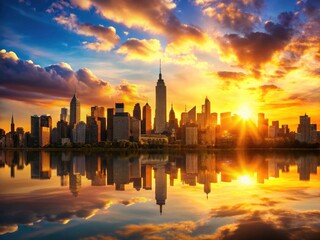 Obraz premium Stunning cityscape photography: NYC reservoir silhouettes painted against a vibrant sunset.