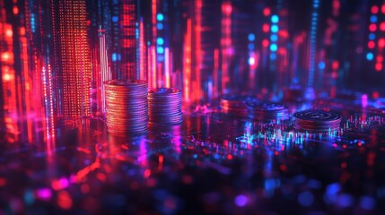 Obraz premium Cryptocurrency Metropolis: Digital Currency Stacks in a Neon Cityscape