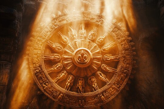 Minimalist Depiction of the Wheel of Samsara with Radiant Sunlight in Ancient Setting