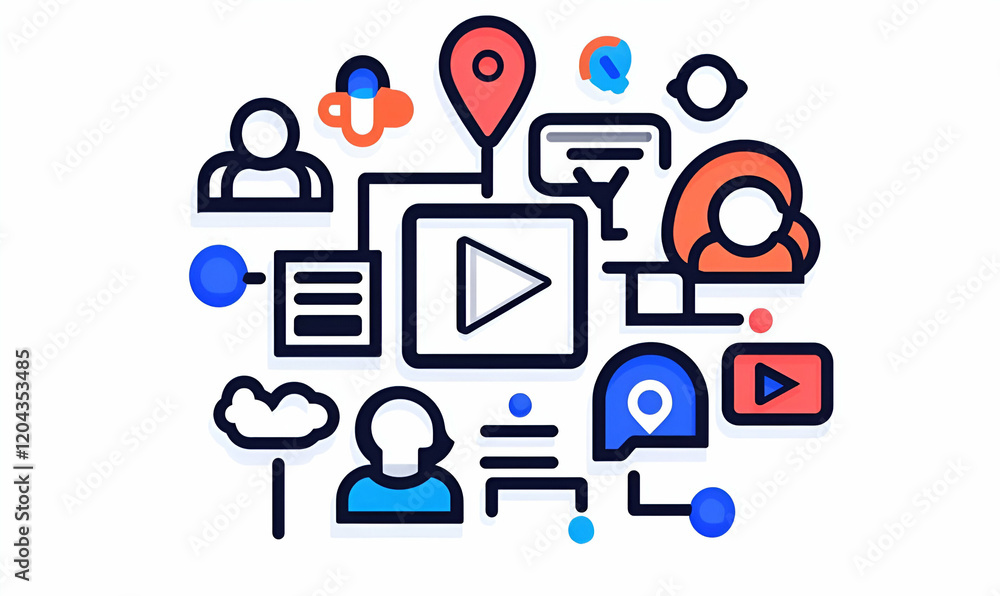 Poster minimalist line art icon depicting a video call interface, featuring abstract shapes and simplified 