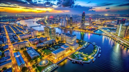 Obraz premium Stunning drone photography reveals Yokohama's breathtaking skyline at night.