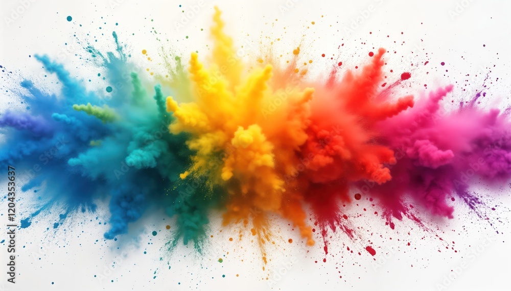 Poster colorful powder explosion fills white background. rainbow colours burst in dynamic motion. vivid col