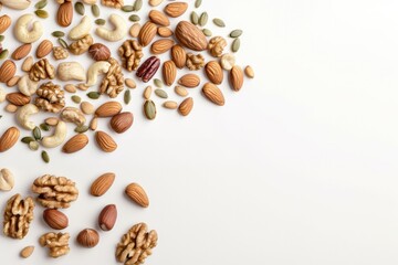 Assorted nuts and seeds scattered artistically on clean surface,