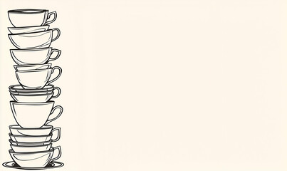 Minimalist line art depicting an elegant arrangement of stacked dishes and a cup, showcasing simplicity and functional beauty in tableware design.