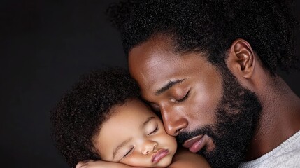 Obraz premium Loving African American father tenderly embracing his sleeping baby against a dark background.