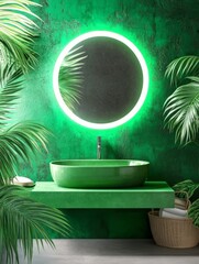 Minimalist Green Bathroom with Polished Cement Basin - Serene green bathroom design, featuring a polished cement basin, illuminated mirror, lush tropical plants, and a calming ambiance.  Clean lines, 