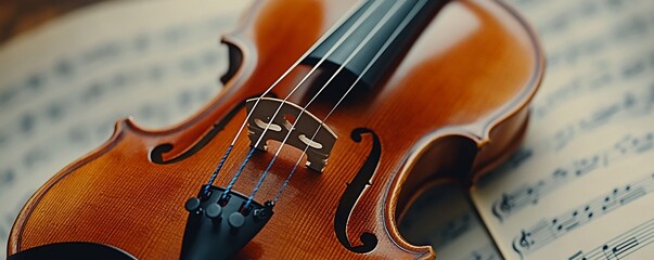 Naklejka premium Violin rests on sheet music; close-up. Musical practice