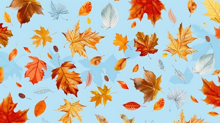 Fototapeta premium Different autumn leaves falling on pale light blue background