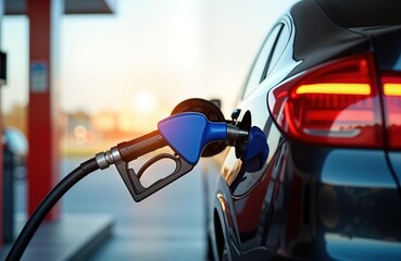 Dark-colored car fueled at gas station. Gas pump nozzle fills car fuel tank. Refueling process visible. Station, surroundings in focus. Scene evokes eco concerns about fuel consumption, oil industry.