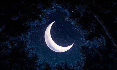 Naklejka premium Celestial Serenity, a tranquil night sky adorned with twinkling stars and a delicate crescent moon, creating a peaceful atmosphere.