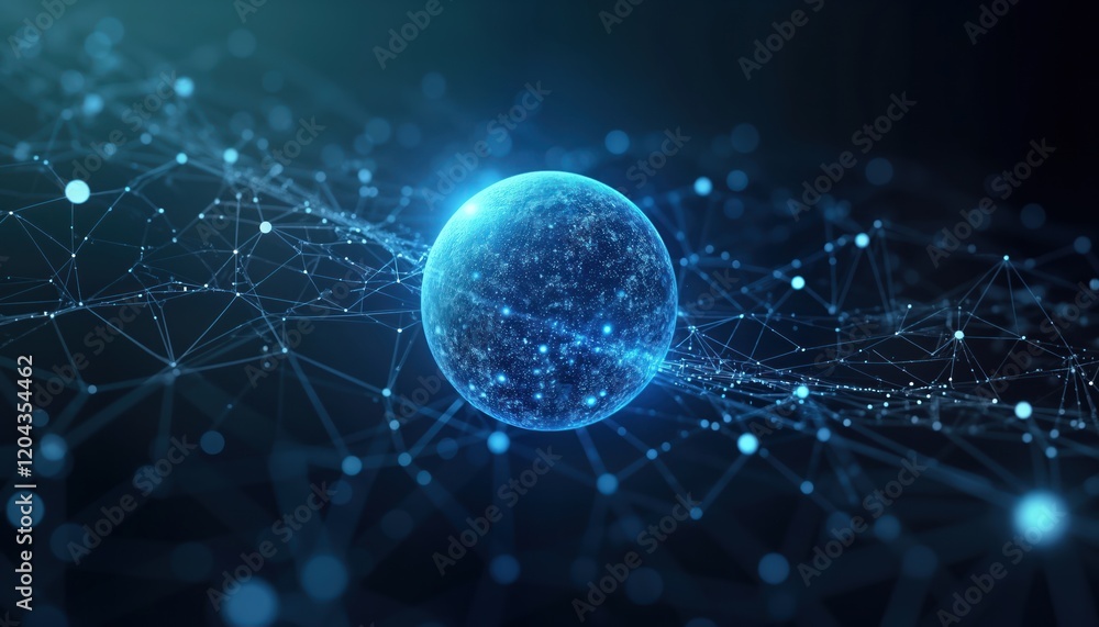 Poster Futuristic sphere connected by glowing network structure in dark space. Digital sphere represents tech innovation, global communication. Complex pattern shows tech advancements in data visualization,