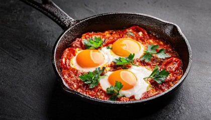 Shakshuka eggs in a pan on a black background