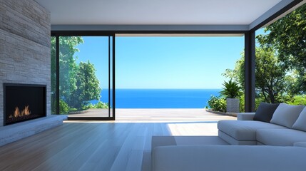 Modern Coastal Living Room with Fireplace and Ocean View - Luxurious coastal living, featuring a fireplace, expansive windows, ocean views, modern furniture, and serene ambiance.  Symbolizing peace, l
