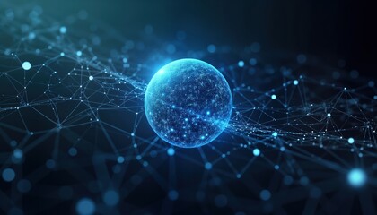 Futuristic sphere connected by glowing network structure in dark space. Digital sphere represents tech innovation, global communication. Complex pattern shows tech advancements in data visualization,