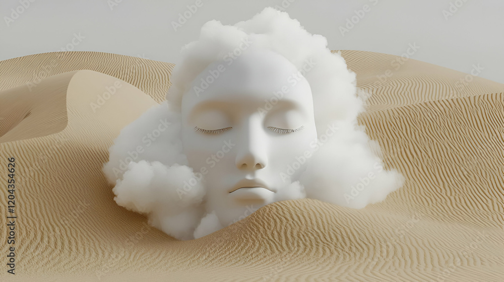 Poster surreal portrait of a figure with a cloud head, exploring themes of identity and imagination, blendi