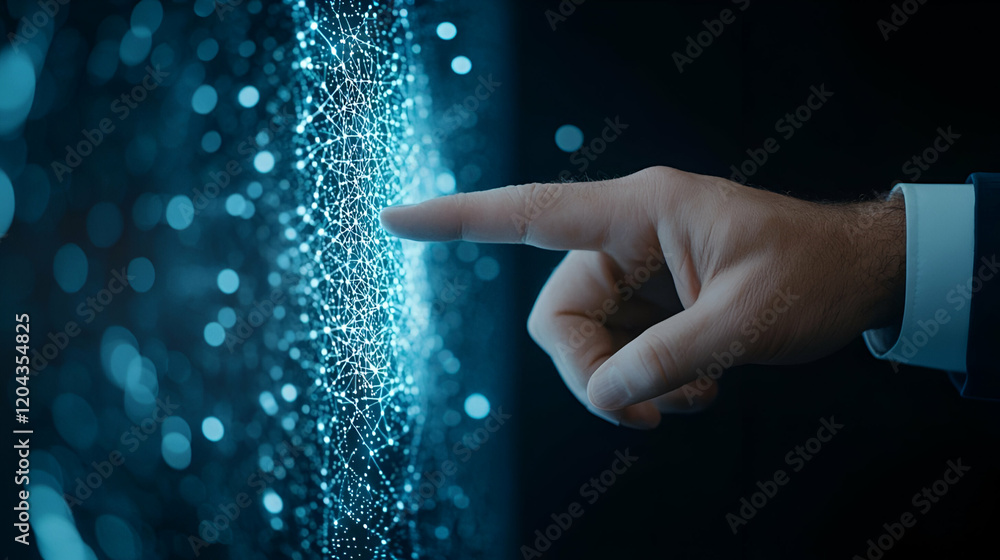 Poster user expressing satisfaction while interacting with a touch screen interface, showcasing engagement 